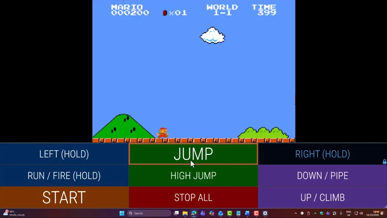 Browser platform game with large labelled on-screen controls for left, jump, right, run, start and down actions.