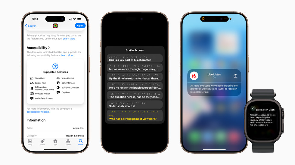 Three iPhone screens showing accessibility labels, Braille Access and Live Listen, beside an Apple Watch.