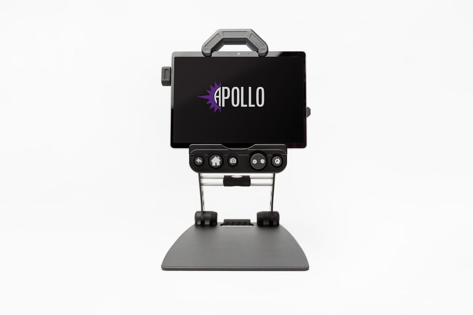 Apollo magnifier with a tablet screen on an adjustable stand above a flat reading surface.