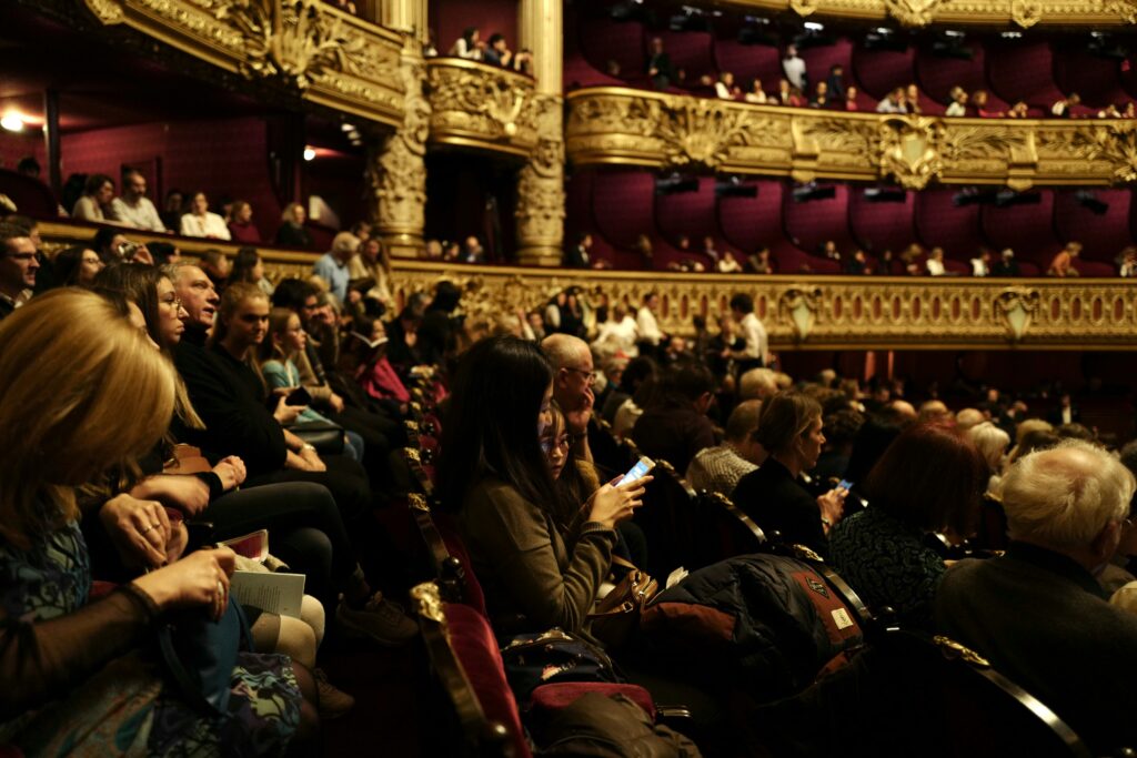 Audience members seated in a theatre, including a person using a mobile phone.